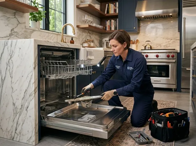 Appliance Repair Hero technician servicing a built-in dishwasher in a Boonville, NY kitchen