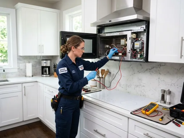Appliance Repair Hero technician testing an over-the-range microwave in a Boonville, NY kitchen